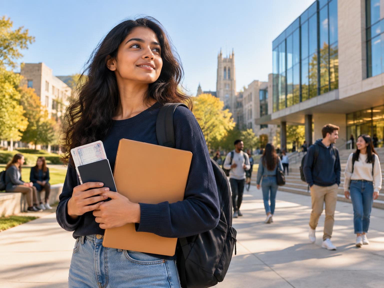 Student holding her passport and admission folder on an international university campus